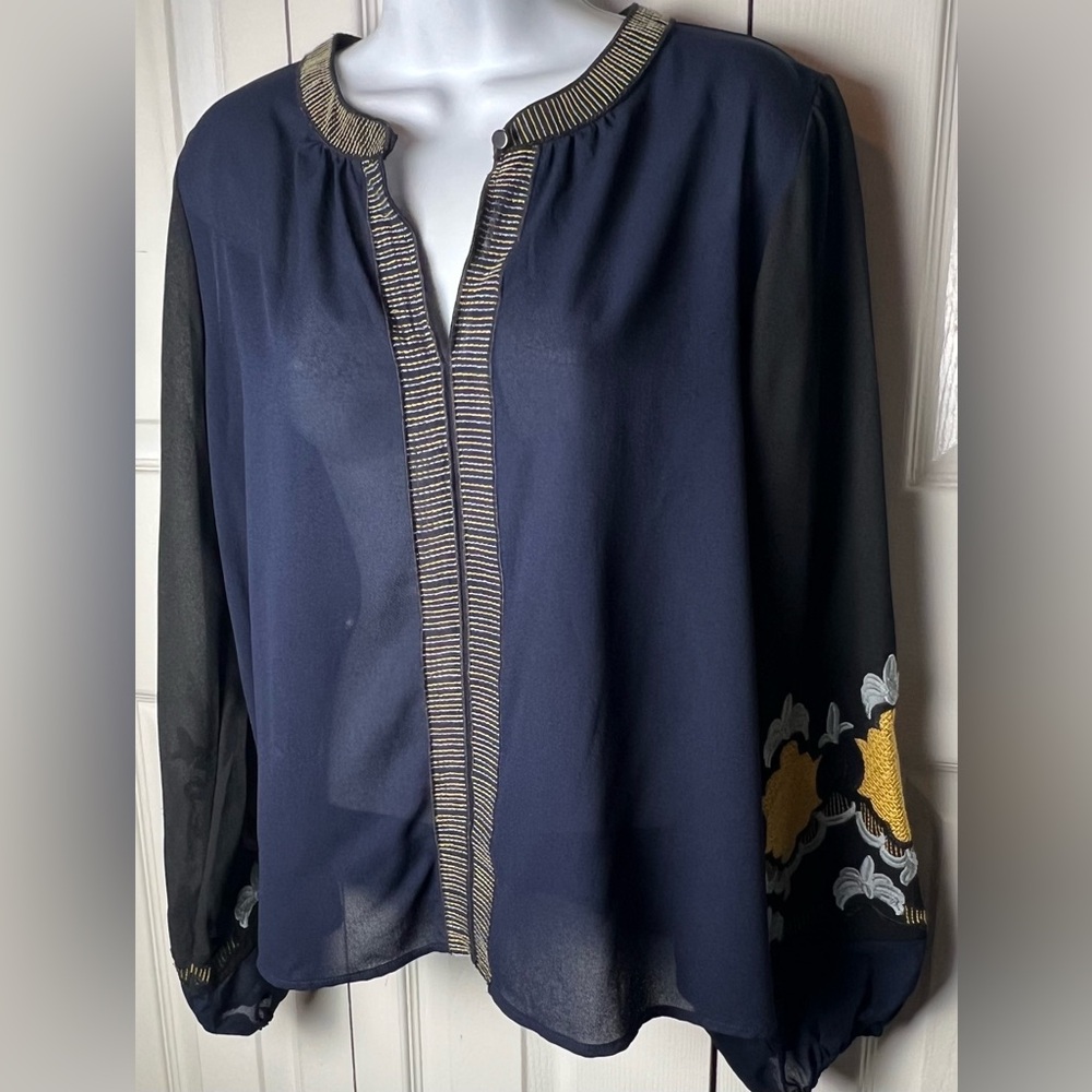 VANESSA VIRGINIA Embroidered Blouse Boho Black Blue Sheer Anthropologie Large - Picture 6 of 11